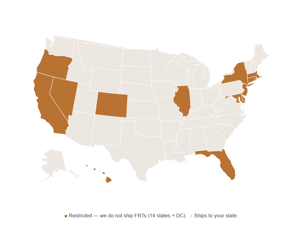 US map of FRT shipping restrictions — states in red are restricted
