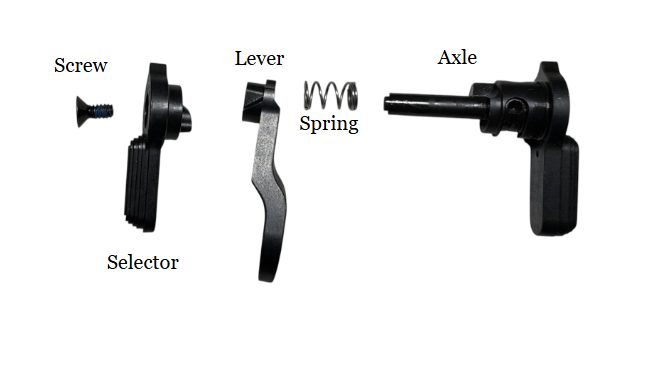 MARC parts laid out: screw, selector, lever, spring and axle